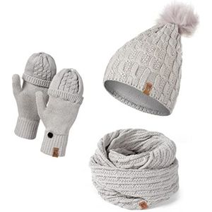 HEYO Muts sjaal handschoen set voor dames | gevoerde wintermuts met pompon van imitatiebont | grote loopsjaal | gebreide vingers/vingerloze winterhandschoenen voor touchscreen, grijs