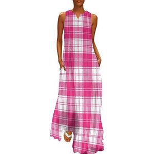 Roze en witte tartan geruite dames enkellengte jurk slanke pasvorm mouwloze maxi-jurken casual zonnejurk M