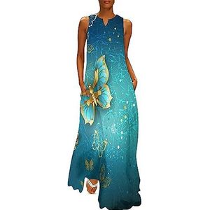 Luxe gouden vlinders dames enkellengte jurk slim fit mouwloze maxi jurken casual zonnejurk M