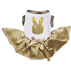 Petitebelle gele pailletten Bunny Gezicht Shirt Regenboog Gestreepte Tutu Puppy Hond Jurk, Small, Wit/Goud