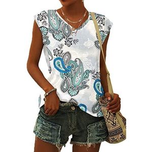 WNEEDU T-shirt Dames Zomer V Hals Tanktop Losse Blousetops Zomer Dames Luchtig met Kapmouwtjes Bloemen Wit Groen L