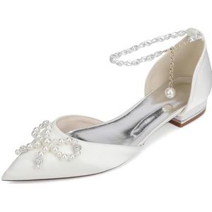Dames Klassieke Puntige Neus Bruiloft Platte Satijnen Sandalen Parels Enkelbandje Lage Hak Prom Party Dress Schoenen,ivoor,36 EU