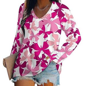 Roze vlinder kanker over vrouwen casual T-shirts met lange mouwen V-hals gedrukte grafische blouses Tee Tops 5XL