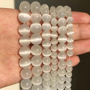 Natuursteen Roze Witte Maansteen Cat Eye Kralen Voor Sieraden Maken Gladde Losse Spacer Kralen Opaal Diy Charm Armbanden Ketting-Wit-10mm 36pcs kralen