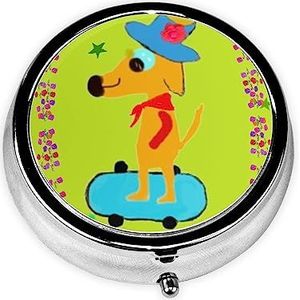 Cartoon hond doet sport & * pillendoos, kleine pillendoos voor portemonnee en zak, metalen ronde medicijnorganisator reizen 3 compartimenten pillendoos.