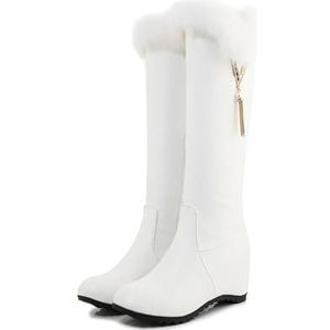 Dames Herfst Winter Snowboots 2023 Nieuwe Hoge Laarzen Met Kwastjes Vintage Sleehak Lange Schacht Laarzen PU-leer Kniehoge Laarzen Warm Gevoerde Katoenen Schoenen (Color : White, Size : 43 EU)