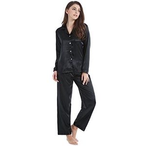 TONY AND CANDICE Klassieke satijnen pyjamaset voor dames, nachtkleding loungewear, Zwart, XL