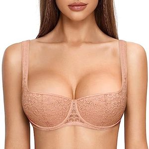 DOBREVA Vrouwen Push Up BH Balconette met beugel Sexy Kantjes Grote Maten Gewatteerd Crème Koffie 70F