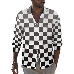 Zwart Wit Racing Geruite Vlag Heren Revers Shirt Lange Mouw Button Down Print Blouse Zomer Pocket Tees Tops M