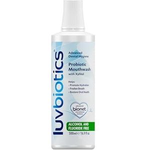 Luv Biotics Fluoride Free Mouthwash with orale probiotics & xylitol. Bevordert goede bacteriën voor vers ademen, gezonde gums en tanden. Vrij van alcohol, SLS, parabenen - 500ml