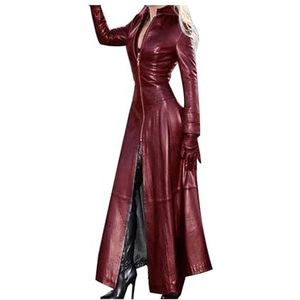 Lange Leren Damesjas, Lange Trenchcoat For Dames, Kunst PU Lederen Windjack, Kunstleren Jas, Moto Bikerjack, Buitenjas, Leren Jas Met Rits Lederen jas Jas van synthetisch leer (Color : Wine red, Siz