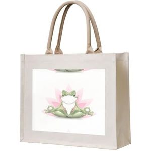 UPIKIT Leuke Grappige Kikker Doen Yoga Grote Capaciteit Waterdichte Herbruikbare Canvas Tote Bag Voor Reizen Bruiloft Companion Gift, Beige, Eén maat