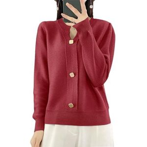 Dames V-hals Wolmix Trui, Knoopversiering Trui Zachte Casual Gebreide Top(Red,XL)
