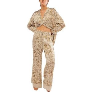 Dames Zomer Klassieke Knoopjes Lange Satijnen Zijden Pyjama Set(Khaki,X-Large)