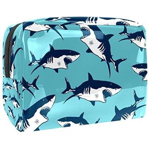 Marineblauw patroon haaienprint reizen cosmetische tas voor vrouwen en meisjes, kleine waterdichte make-up tas rits zakje toilettas organizer, Meerkleurig, 18.5x7.5x13cm/7.3x3x5.1in, Modieus