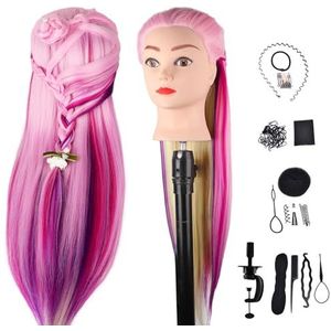 DaizySight Haar Styling Training Hoofd Synthetisch haar, 72cm Cosmetologie Mannequin Hoofd Kappers Mannequin Pop Hoofd met Klem & Styling Tools - Roze & Multicolor