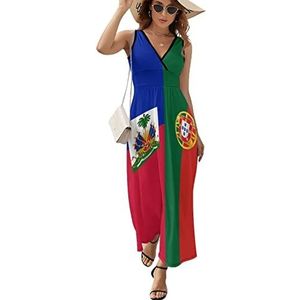 Haïti Portugal vlag dames lange jurk mouwloze maxi-jurk zonnejurk strand feestjurken avondjurken 2XL