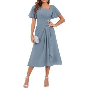 WSEYU Chiffon moeder van de bruid jurken asymmetrische thee lengte moeder van de bruidegom jurken voor bruiloft, Dusty Blauw, 36