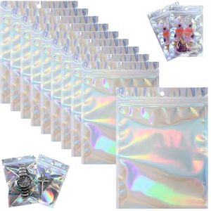 SYEYCW 100 stuks holografische zak, Mylar folie ziplock zakjes, hersluitbare zoete folie, 6 x 10 cm geurbestendige