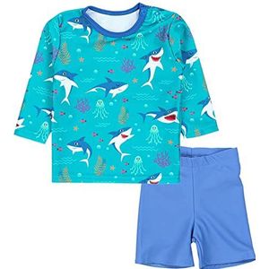 Aquarti Badpak Badset voor Jongens Baby Zwemshirt Korte Mouwen Zwemshorts 2-delige Set, Lange Mouw/Haaien in de Zee/Donker Turquoise/Denimblauw, 116