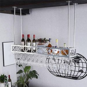Wijnrekken Hangend wijnrek met glazen rek en plank, verstelbaar metalen plafondwijnglasrek, moderne minimalistische stijl, keuken Opbergrek (Color : Silver, Size : 60cm x 30cm x 20cm)