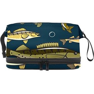 Grote capaciteit reizen cosmetische tas,Make-up tas,Waterdichte make-up tas Organizer, snoekbaarzen vis, Meerkleurig, 27x15x14 cm/10.6x5.9x5.5 in