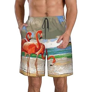 JIAWUJYNB Flamingo Beach Print strandshorts voor heren, lichtgewicht, sneldrogend, zwembroek met trekkoord en zakken, Wit, S