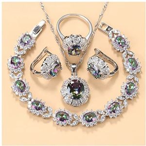 Oorbellen 925 zilveren ketting en oorbellen sieraden sets for vrouwen mode-accessoires Groen zirkoon bedelarmband en ring sets Oorbellen voor dames (Color : Rainbow 4PCS, Size : 7)