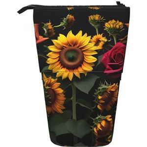 Nbtghga Zonnebloem Rose Print Potlood Telescopische Klassieke Kunsten Stand Up Potlood Case Organizer Potlood Houder Make-up Tas Gift, Zwart, Eén maat
