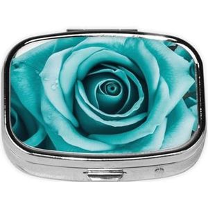 Kleine pillendoos draagbare pillendoosje 2 compartimenten metalen pillenhouder organizer schattige turquoise roos reizen pillendoos voor portemonnee zak