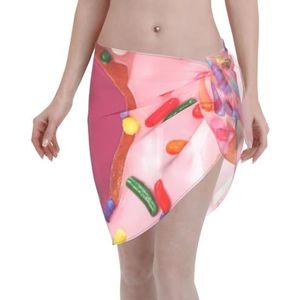 Aardbeien Donut Print Elegante Strand Wrap, Bikini Cover Up, Badmode Jurk voor Vrouwen, Perfect voor Zwembad en Resort, Zwart, one size