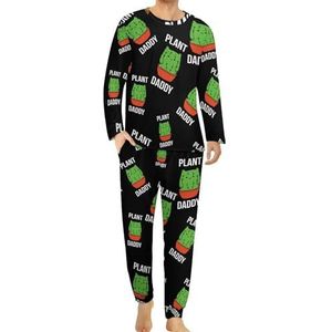 Grappige cactus kat plant papa comfortabele heren pyjama set ronde hals lange mouwen loungewear met zakken 3XL