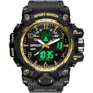 KXAITO Heren Horloges Sport Outdoor Waterdicht Militair Polshorloge Datum Multi Functie Tactiek LED Alarm Stopwatch, 8045_Goud, L