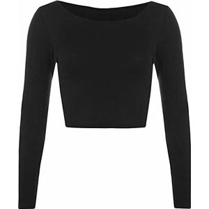 Womens Crop Lange Mouw T-shirt Dames Korte Plain Basic Ronde Hals Shirts Top 8-14, Zwart, 38-40