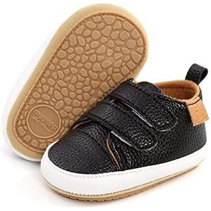 BABSMULY Babyschoenen voor jongens en meisjes, antislip rubberen zool, high-top PU-leer, sneakers, peuters, wiegschoenen, pasgeborenen, platte schoenen., zwart, 6-12 maanden