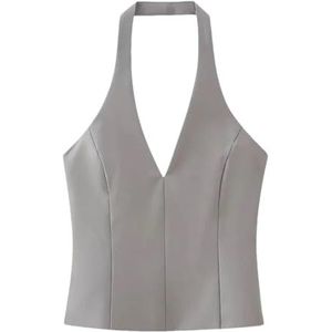 Vrouwen Halter Hals Top Vrouwelijke Vest Crop Top Vrouw Tank Voor Zomer, Grijs, XS