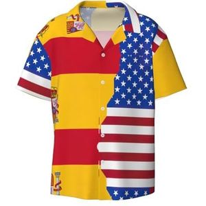 OdDdot Amerikaanse Spanje vlag print herenoverhemden atletisch slim fit korte mouw casual zakelijk overhemd met knopen, Zwart, 4XL