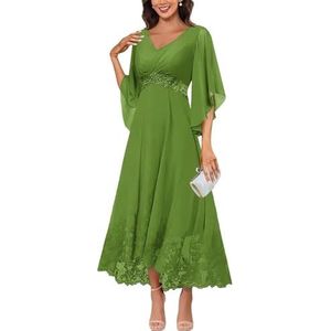 KURFACE Jurken voor dames, V-hals, moeder van de bruid met mouwen, kanten applicatie, chiffon, formele avondjurk, Olijfgroen, 32