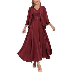 Lange moederjurken voor dames met jas 2 stuks chiffon formele bruiloftsgast jurk, Bordeaux, 52 grote maten