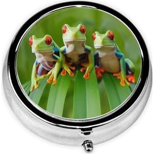 Stijlvolle ronde pillenetui grappige kikkers metalen pillendoos 3 compartimenten medicijnpillenhouder draagbare pillenorganizer doseerdoos, kleine pillendoos voor reizen voor portemonnee en zak