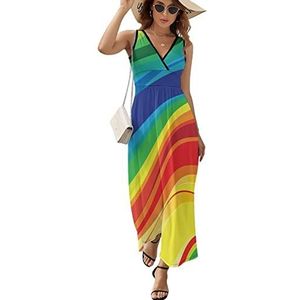 Abstracte regenboog dames maxi lange jurk V-hals mouwloze tank zonnejurk zomer