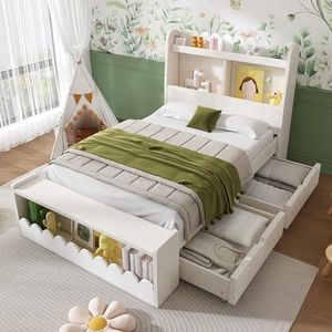 FAYICIC Kinderbed, eenpersoonsbed, bed met opbergruimte, met laden, rek en zitbank met opbergruimte, houten bed 90x190 cm, wit met eikenkleuren (zonder matras)