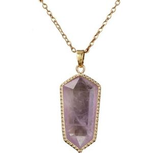 Natuurlijke edelsteen zeshoekige hanger ketting - Helende kristallen sieraden cadeau met gouden ketting (Color : Light Amethyst)