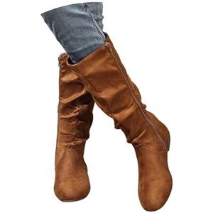Platte Hoge Laarzen for Dames Retro Middeleeuwse Laarzen Met Lange Schacht Suède Rijlaarzen Met Rits Aan De Zijkant Grote Maten Winterschoenen for Cosplay/Feesten(Brown,42 EU)