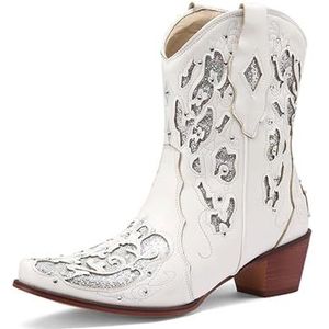 FGRID Vrouwen Mid Calf Cowgirl Booties, Mode Geborduurde Vierkante Neus Western Enkellaarsjes, Bontvoering Winter Chunky Hak Cowboy Snip Toe Boot,Wit,34