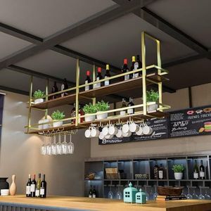 Plafondplank - Plafond hangende wijnglashouder, smeedijzeren wandhangend wijnrek, LOFT hangend massief houten plantenrek, drijvend wijnglasrek, bar/restaurant/keuken displaystandaard (kleur: goud, Si