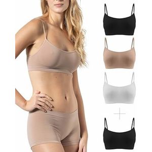 Risalti BH zonder beugel, smalle schouders, 3 stuks - bralette voor dames van microvezel, Brassiere top voor dames, elastisch, naadloos ondergoed voor dames, made in Italy, wit-zwart-naturel, S/M