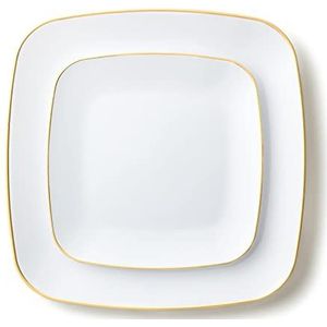 Decorline -32 Luxe herbruikbaar kunststof Party set - Wit met gouden rand-Square Collectie