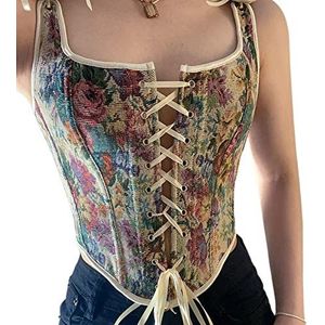 Bustiers & Korsetten Dames,Dames Vintage Vest Kant Korset Top Sexy Kant Korset Bustier Zelfbinder Bovenborst Bustier Tank Top Hof Bloemenprint Hemd Fishbone Korset Y2K Uitloper,Colorful,L