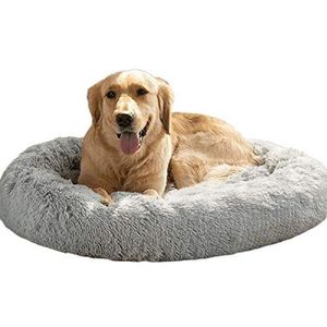 Deluxe pluizige extra grote hondenbedden, bank, kalmerend pluche donut huisdier kattenbed, wasbaar rond hondenkussen voor grote middelgrote honden - 120 cm - lichtgrijs